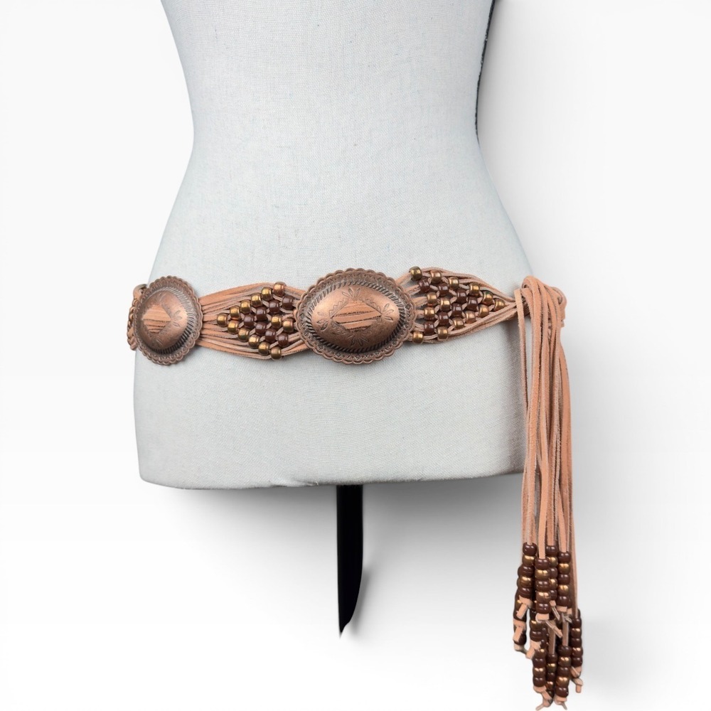 Concho Beaded Leather Waist Belt Womens OS Tan  Western Boho Hippie Fringe Tie
